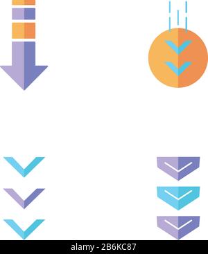 Down arrows flat design cartoon RGB color icons set. Double arrowhead in circle. Scrolldown buttons. Arrows interface navigation buttons. Website page Stock Vector