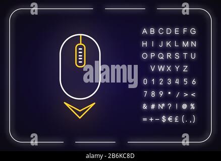 Scrolling mouse neon light icon. Down arrowhead indicator. Internet page browsing cursor. Outer glowing effect. Sign with alphabet, numbers and Stock Vector