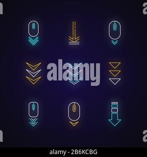 Scroll down buttons neon light icons set. Internet page browsing and download indicators. PC elements with arrowheads. Signs with outer glowing effect Stock Vector