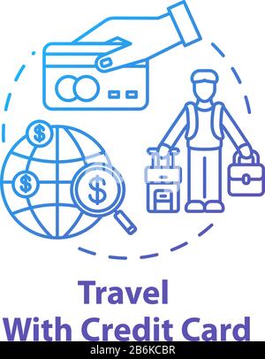 Travel with credit card concept icon. Bonus system for tourists, money saving tourism idea thin line illustration. Free mileage and baggage checks Stock Vector