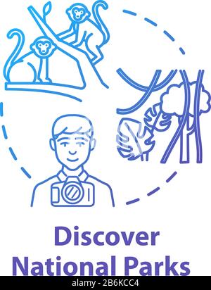 Discover national parks concept icon. Wildlife reserve visit, tourist activity idea thin line illustration. Public natural landmark exploration Stock Vector