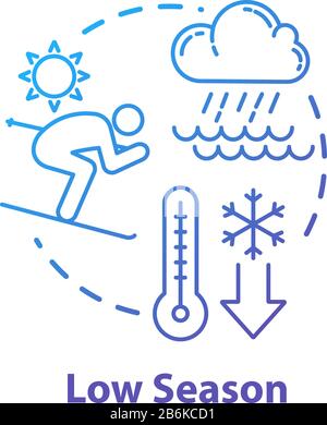 Low season concept icon. Traveling out of season, budget vacation idea thin line illustration. Affordable tourism opportunity, tourist trip discounts Stock Vector