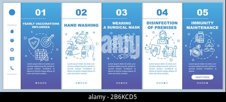 Influenza virus precaution onboarding vector template. Sanitation and hygiene habits. Premises disinfection. Responsive mobile website with icons Stock Vector