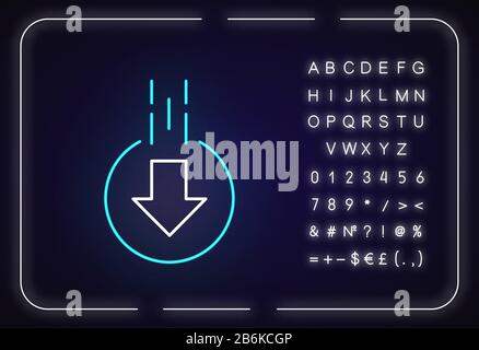 Down arrow in circle neon light icon. Moving arrowhead in round shape. Scrolldown button. Outer glowing effect. Sign with alphabet, numbers and Stock Vector