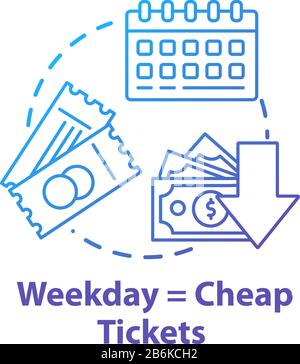 Weekday equals cheap tickets concept icon. Ordering tickets in advance. Budget tourism idea thin line illustration. Mid week travel discounts. Vector Stock Vector