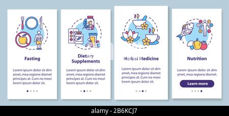 Diets and herbs onboarding mobile app page screen with concepts. Healthy nutrition and dietary supplements walkthrough four steps graphic instructions Stock Vector