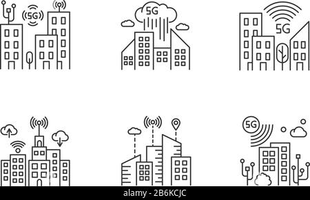 5G smart city pixel perfect linear icons set. Urban intelligence. Mobile cellular network coverage. Customizable thin line contour symbols. Isolated Stock Vector