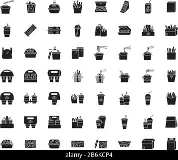 Takeaway meal black glyph big icons set on white space. Coffee to go, containers for salad and hot fast food. Plastic, cardboard, paper packages Stock Vector