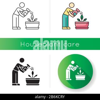 Spraying plants icon. Misting. Moisturizing, rehydrating, moistening. Houseplant care. Plant growing, planting. Indoor gardening. Linear black and RGB Stock Vector