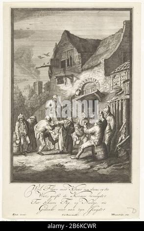 Drinking and dancing peasants for a tavern Tavern Scenes to Van Ostade (series title) a farmer couple dances to a tavern on the music of a flute player. A group of peasants drinking and watching the couple laughs. Among the show a Dutch vers. Manufacturer : printmaker Willem de Broen (listed property) designed by: Adriaen van Ostade (listed building) Publisher: Gerrit de Broen (I) (listed building) Place manufacture: Amsterdam Date: 1705 Physical characteristics: engra material: paper Technique: engra (printing process) Measurements: sheet: h 308 mm × W 199 mm Subject: one pair dancing; man an Stock Photo