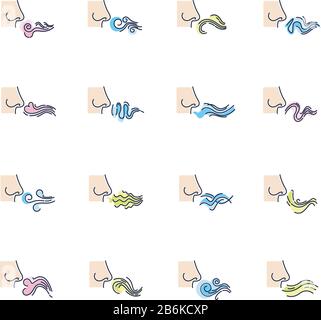 Nose smelling scent RGB color icons set. Good and bad odor. Stinking stench. Evaporation flow. Fluid, perfume nice odour. Aromatic fragrance. Fume Stock Vector