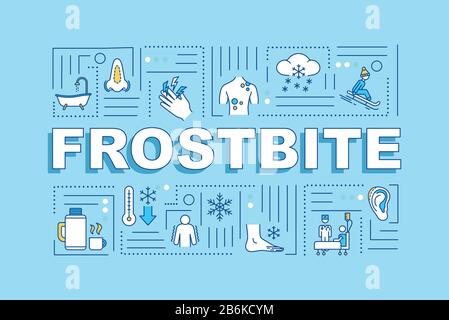 Frostbite first aid and therapy, hypothermia treatment word concepts banner. Infographics with linear icons on blue background. Isolated typography Stock Vector