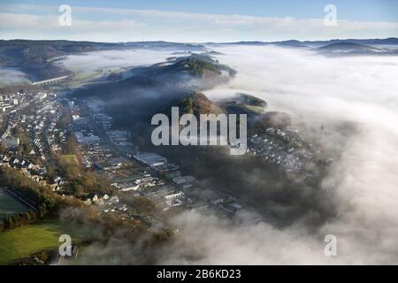 fog over Meschede, industrial zone at street Jahnstrasse, aerial view, 11.12.2013, Germany, North Rhine-Westphalia, Sauerland, Meschede Stock Photo