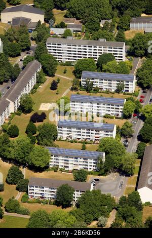 apartment buildings in Duisburg with solar roofs, aerial view, Germany, North Rhine-Westphalia, Ruhr Area, Duisburg Stock Photo