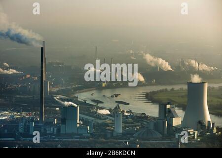 , STEAG power plant Duisburg-Walsum in the North of Duisburg in evening light, aerial view, 14.12.2014, Germany, North Rhine-Westphalia, Ruhr Area, Duisburg Stock Photo