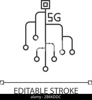 5G chip pixel perfect linear icon. Microchip, microcircuit. Mobile network. Fast connection. Thin line customizable illustration. Contour symbol Stock Vector