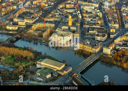 , city centre of Mulheim Ruhr with townhall and townhall in evening light, 14.12.2014, aerial view, Germany, North Rhine-Westphalia, Ruhr Area, Muelheim/Ruhr Stock Photo