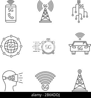 5G wireless technology pixel perfect linear icons set. Cell tower, improved phone calls. VR headset. Customizable thin line contour symbols. Isolated Stock Vector