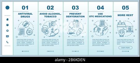 Influenza virus onboarding vector template. Flu treatment. Infection cure. Drugs and medications. Responsive mobile website with icons. Webpage Stock Vector