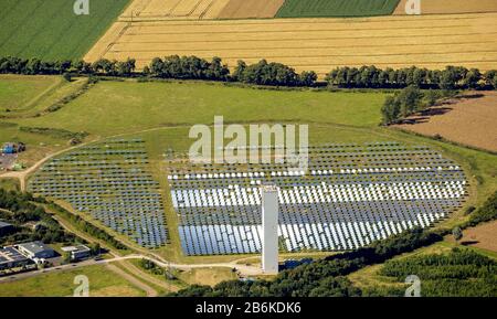 , Solar thermal power plant with experimental solar tower in Juelich, 03.07.2014, aerial view, Germany, North Rhine-Westphalia, Juelich Stock Photo