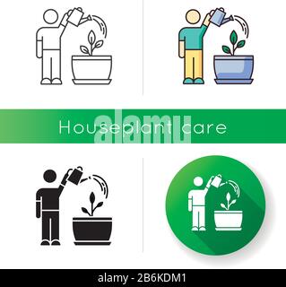 Watering sapling icon. Houseplant caring. Plant growing. Indoor gardening. Moisturizing, rehydrating potting soil. Moistening plants. Linear black and Stock Vector