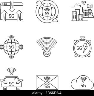 5G wireless technology pixel perfect linear icons set. Car control, data exchange. Smart city. Customizable thin line contour symbols. Isolated vector Stock Vector