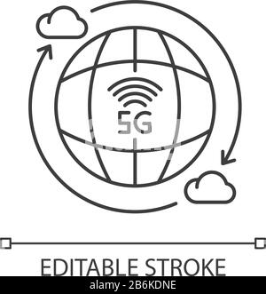 5G technology pixel perfect linear icon. Global standard. Cloud computing. Mobile network. Thin line customizable illustration. Contour symbol. Vector Stock Vector