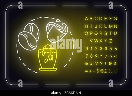 Dont tip tea neon light concept icon. Herbs cultivation. Indoor gardening. Dont overturn coffee to pot idea. Outer glowing sign, alphabet, numbers and Stock Vector