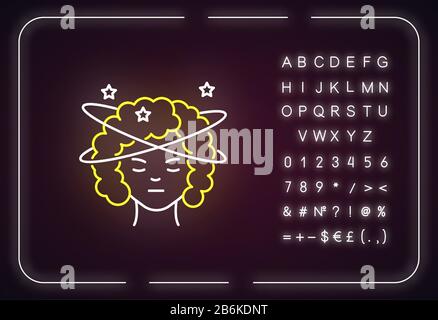 Dizziness neon light icon. Person feeling sick. Stroke in head from heat. Spinning around. Outer glowing effect. Sign with alphabet, numbers and Stock Vector