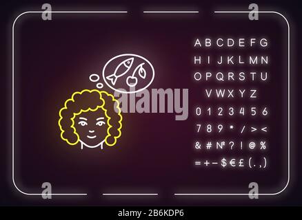 Food craving black glyph icon. Woman on healthy diet. Lady with appetite. Early pregnancy symptom. Outer glowing effect. Sign with alphabet, numbers Stock Vector