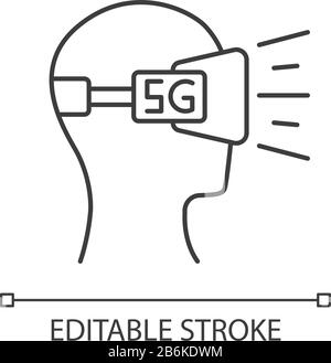 VR headset pixel perfect linear icon. Virtual reality glasses. 5G cellular mobile network. Thin line customizable illustration. Contour symbol. Vector Stock Vector