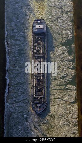 , shipping traffic on the Wesel-Datteln chanel in winter, 08.02.2012, aerial view, Germany, North Rhine-Westphalia, Ruhr Area, Dorsten Stock Photo