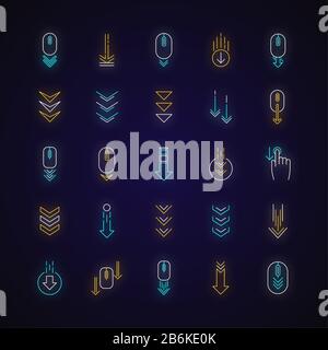 Scroll down neon light icons set. Internet page browsing and download indicators. Downward arrows. Website pointer. Signs with outer glowing effect Stock Vector