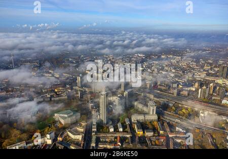 skyline of the city center South of Essen with RWE Tower, Aalto theatre and Philarmonie Essen, aerial view, 20.11.2013, Germany, North Rhine-Westphalia, Ruhr Area, Essen Stock Photo