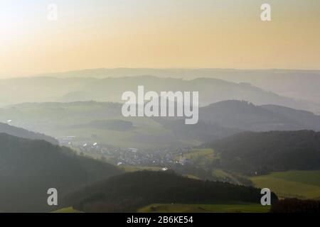 , clouds and mist over valleys and forests near Meschede, aerial view, 12.03.2014, Germany, North Rhine-Westphalia, Sauerland, Meschede Stock Photo