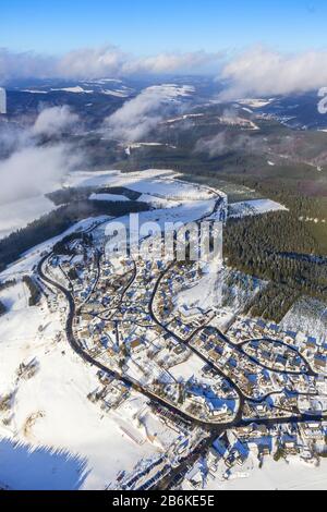 Altastenberg in winter, 02.02.2014, aerial view, Germany, North Rhine-Westphalia, Sauerland, Winterberg Stock Photo