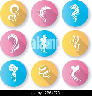 Odor flat design long shadow glyph icons set. Good and bad smell. Heart shape nice odour. Stinking stench. Aromatic fragrance. Smog stream, fume Stock Vector