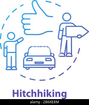 Hitchhiking concept icon. Money saving road trip, cheap transportation idea thin line illustration. Road trip, adventure. Tourist catching ride vector Stock Vector