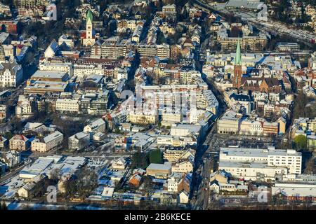 , city centre of Gladbekc with churches Chirstuskirche und Lambertikirche in Winter, 28.12.2014, aerial view, Germany, North Rhine-Westphalia, Ruhr Area, Gladbeck Stock Photo