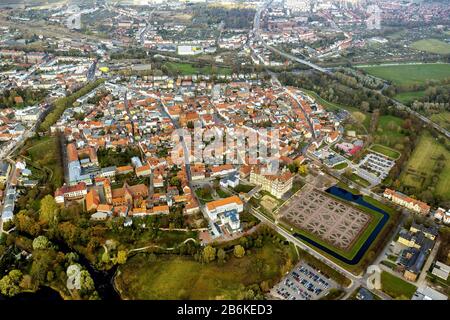 , Old town of Guestrow aith palace and palace garden, aerial view, 31.10.2013, Germany, Mecklenburg-Western Pomerania, Guestrow Stock Photo