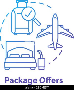 Package offers concept icon. Cost effective tourism, all inclusive tour idea thin line illustration. Transportation and accommodation included. Vector Stock Vector