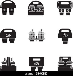 Paper cup holders black glyph icons set on white space. Coffee to go packages. Take away hot caffeine drinks. Takeaway cardboard carriers for cups Stock Vector