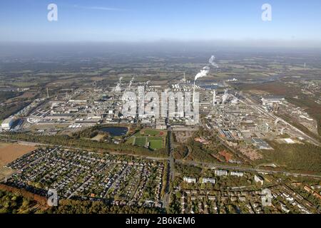 areal of the Marl Chemical Park (formerly Chemische Werke Huls AG) with lake Badeweiher and residental area of district Huels, 28.10.2012, aerial view, Germany, North Rhine-Westphalia, Ruhr Area, Marl Stock Photo