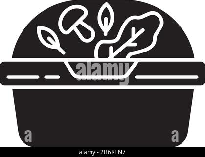 Plastic container for salad black glyph icon. Reusable lunchbox. Takeaway food package with lid. Takeout meal in lunch box. Take away dinner Stock Vector