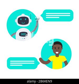 Robot chatbot head icon sign in the speech bubble talking with boy flat style design vector illustration isolated on white background. Cute AI bot hel Stock Vector