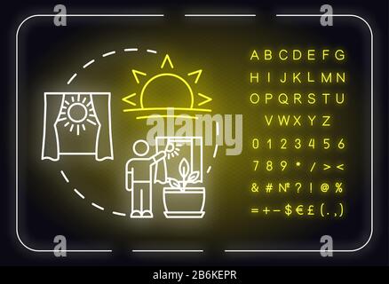 Proper lighting neon light concept icon. Home gardening. Photosynthesis. Herbs cultivating. Sunlight idea. Outer glowing sign with alphabet, numbers Stock Vector