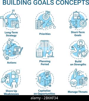 Building goals concept icons set. Setting target to achieve. Managing threat. Self-development idea thin line RGB color illustrations. Vector isolated Stock Vector