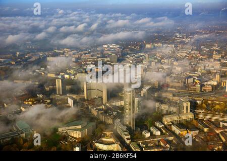 skyline of the city center South of Essen with RWE Tower, Aalto theatre and Philarmonie Essen, aerial view, 20.11.2013, Germany, North Rhine-Westphalia, Ruhr Area, Essen Stock Photo