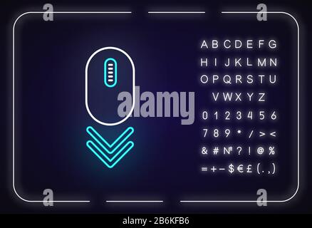 Scroll down mouse neon light icon. Internet page browsing double arrow. Web cursor. PC mouse. Outer glowing effect. Sign with alphabet, numbers and Stock Vector