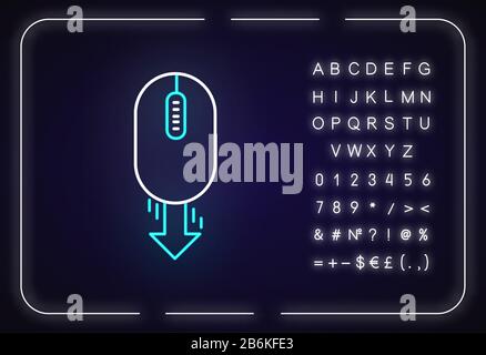 Mouse and down arrow neon light icon. Web page scrolling down. Website pointer, interface button. Outer glowing effect. Sign with alphabet, numbers Stock Vector
